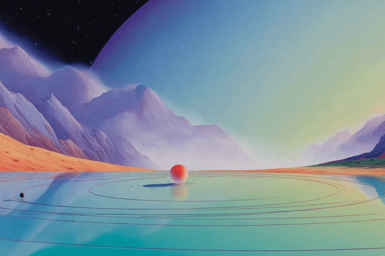 Painterly scene of a glowing red orb resting on a still lake ringed by pastel mountains