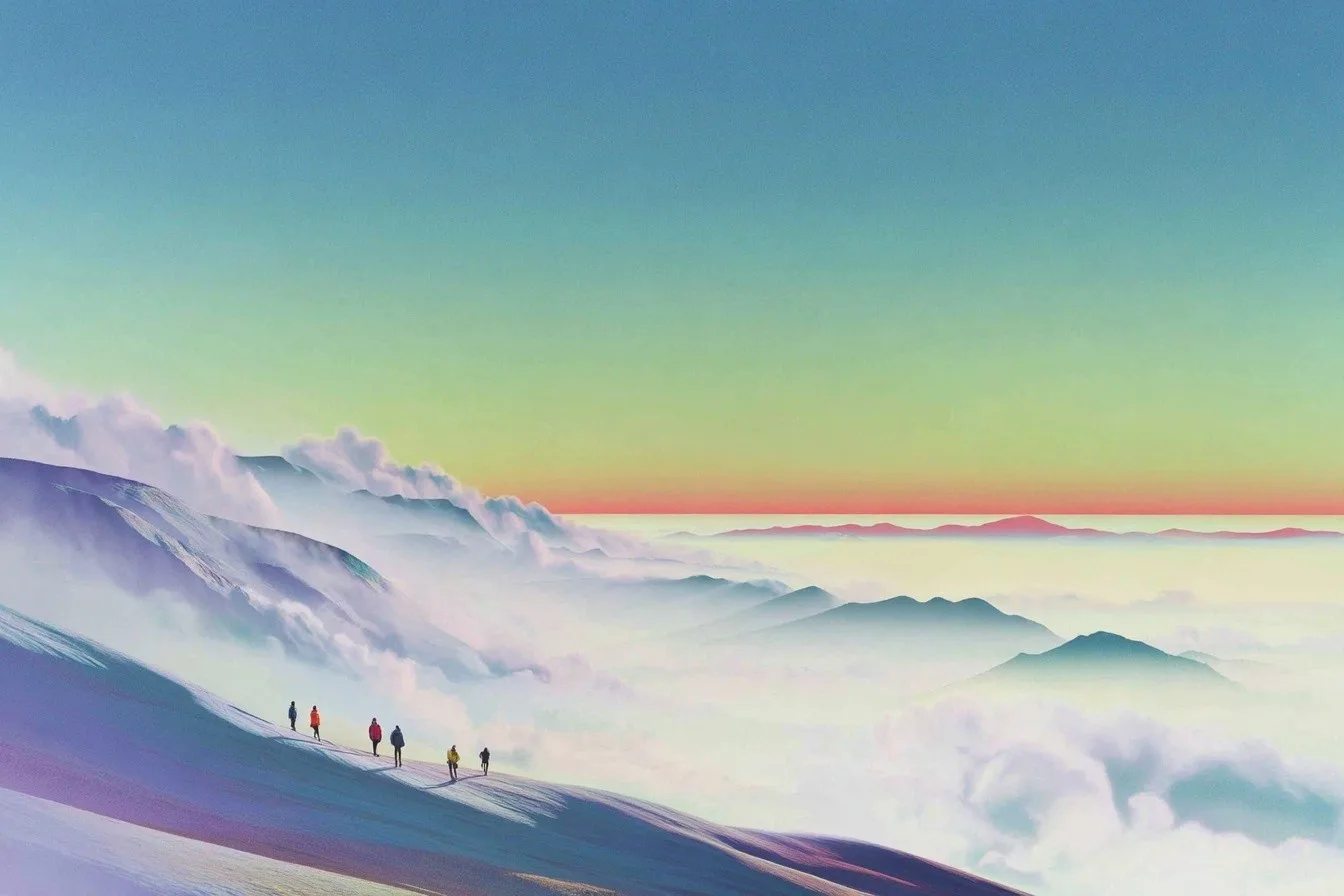 Painterly sea of clouds over mountains with a line of tiny figures walking a ridge