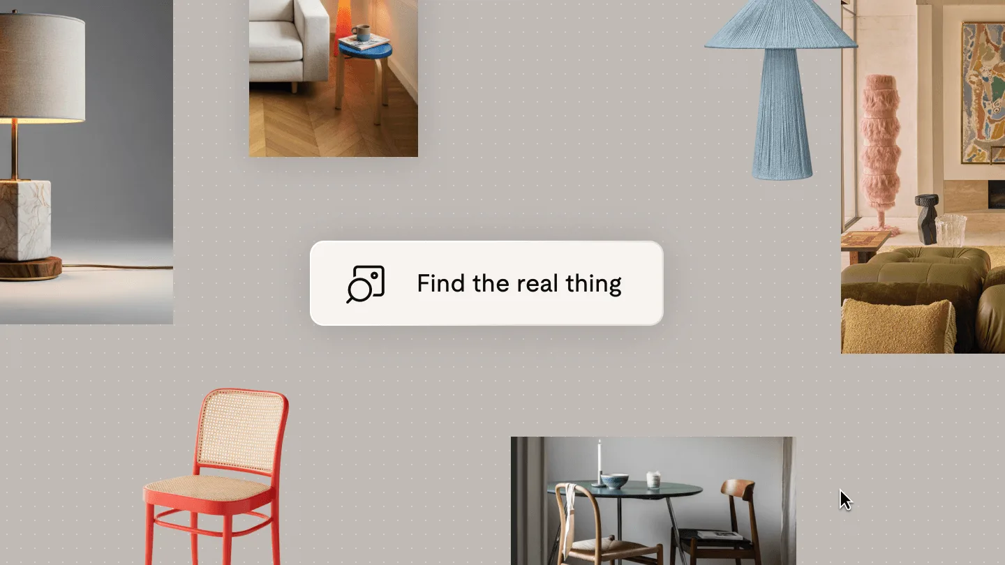 Canvas board of furniture and room photos with a Find the real thing button