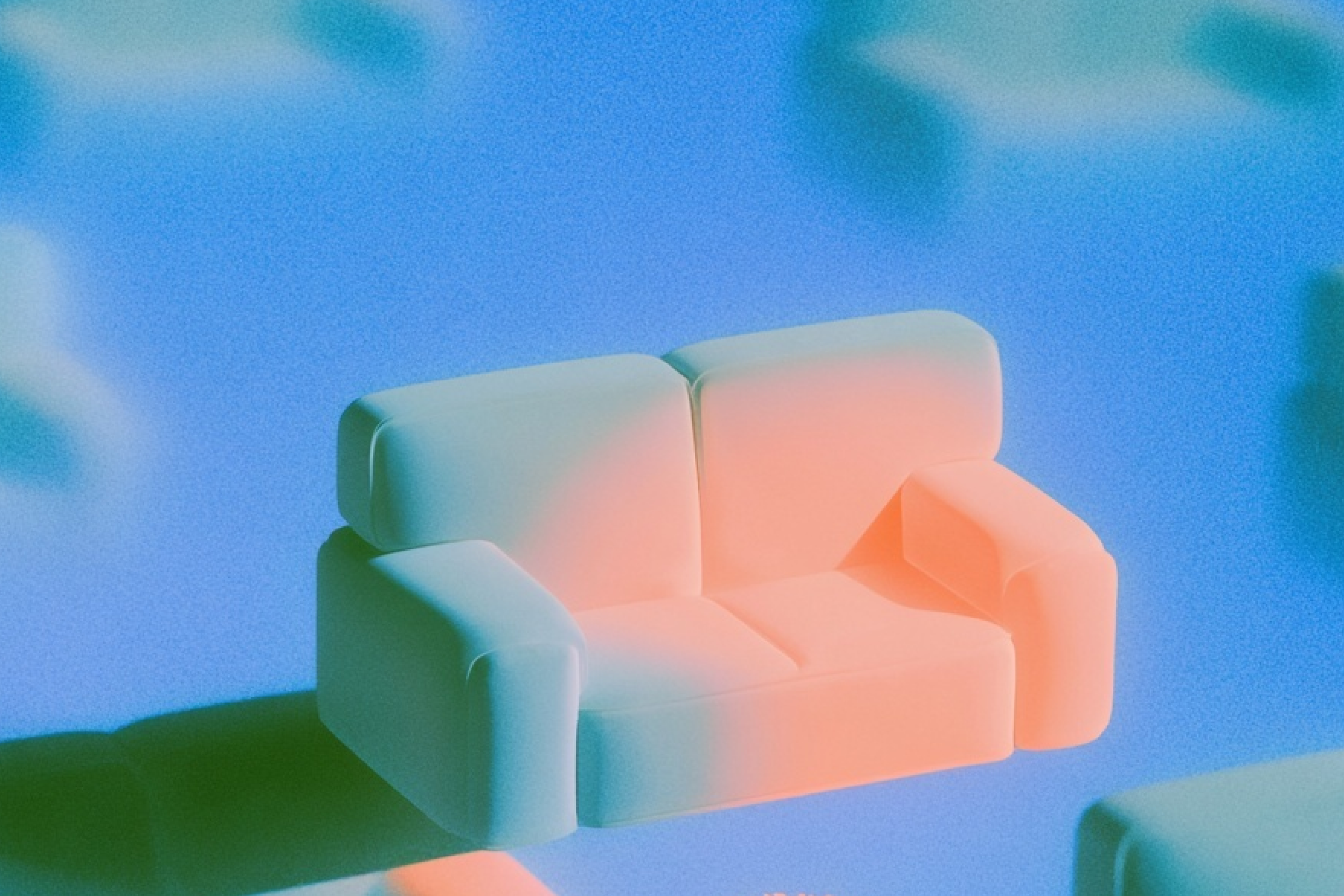 Softly lit pastel sofa render against a blue wall