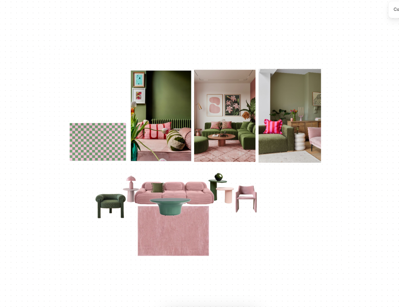 Whimsical room moodboard with multimodal content