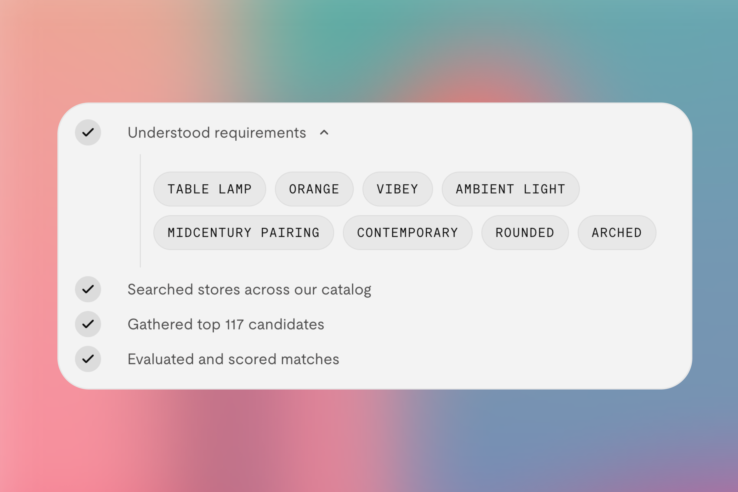 Onton search panel listing understood requirements as attribute chips while it scores matches