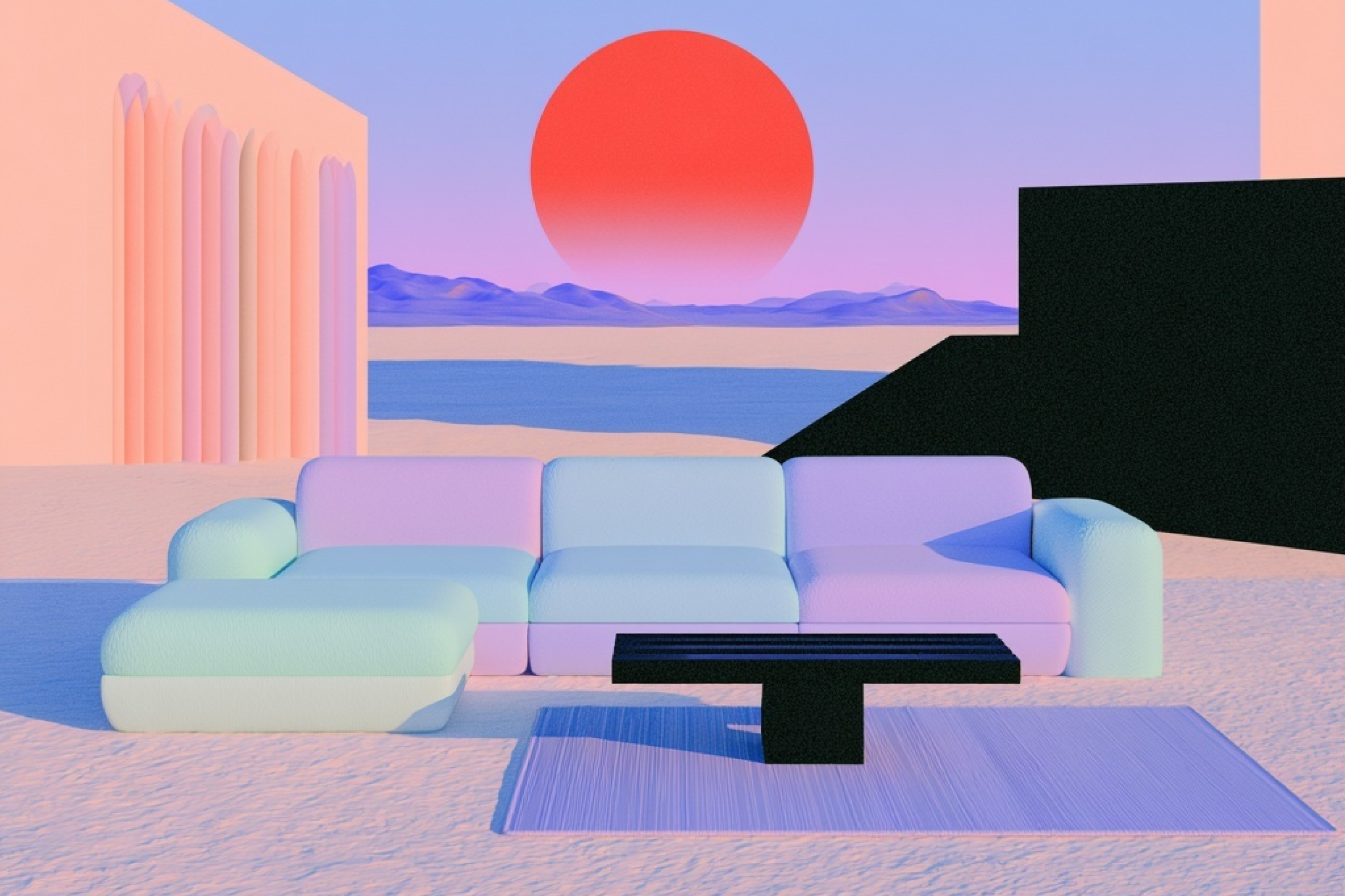 Pastel living room with a low sofa and a black monolith beneath a large red sun