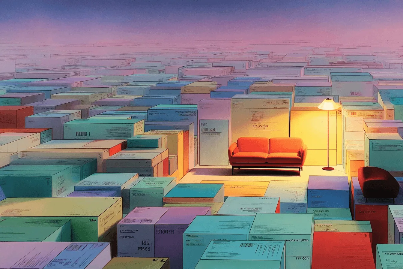 Surreal warehouse of stacked pastel boxes with a lit floor lamp and an orange sofa