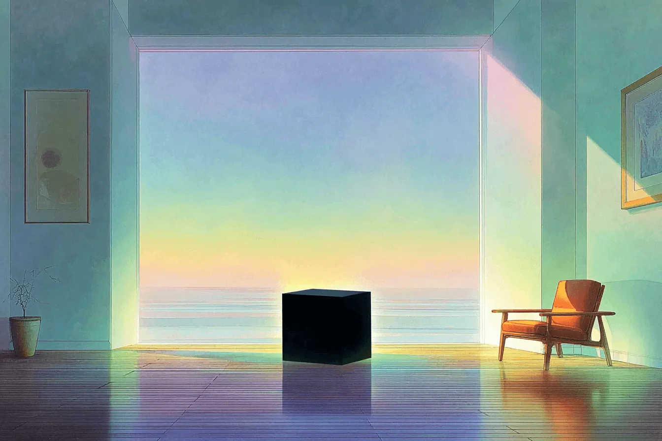 Sunlit room where a black cube faces a floor-to-ceiling window over a calm sea