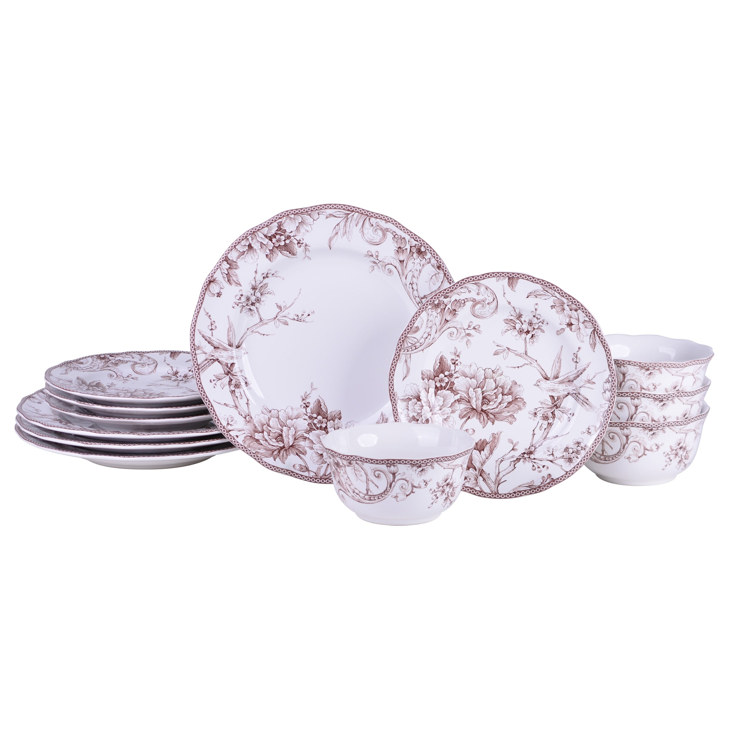 Adelaide Brown On White Porcelain 12 Pc Dinnerware Set