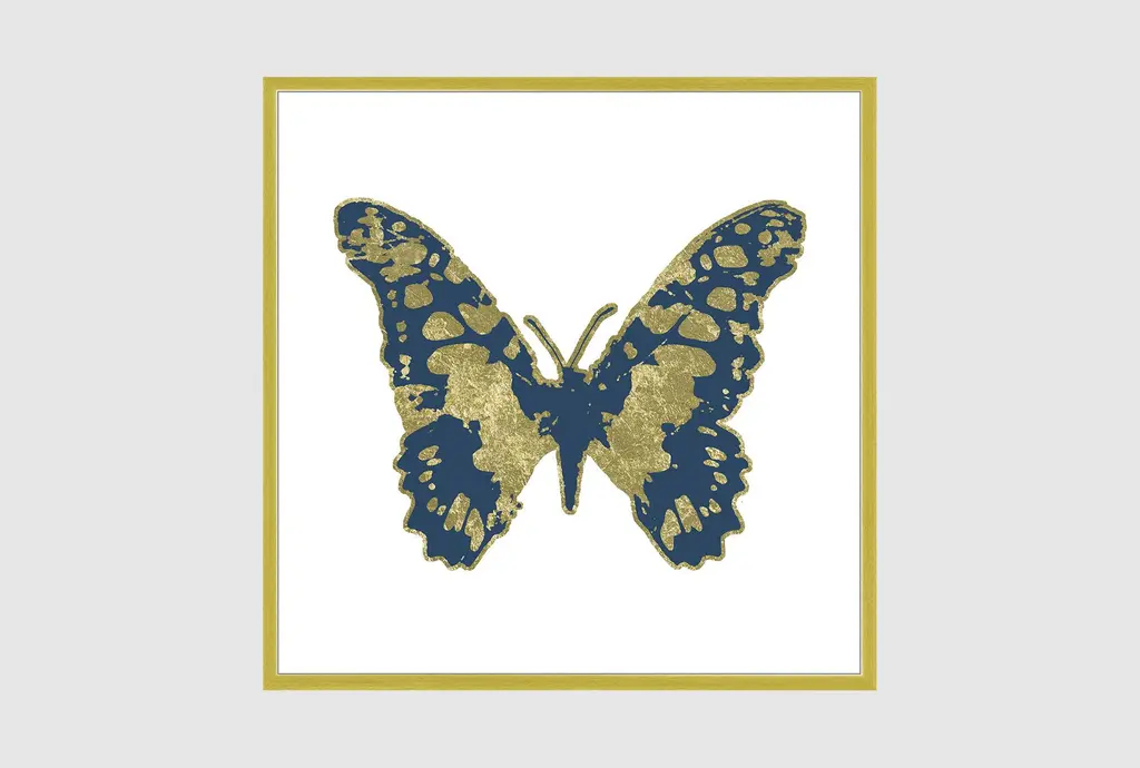 38" X 38" Blue Gold Butterfly | Gold Frame | Square | Animal Print | Framed Art | Animals | Made In The Usa