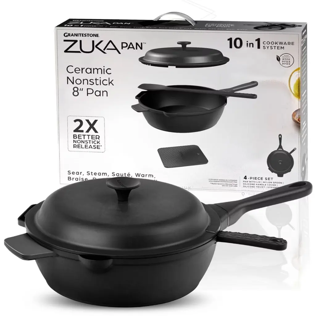 Granitestone Zuka Everyday Pan 8" Black Nonstick Multi-functional Saute Pan With Lid And Nylon Spoon