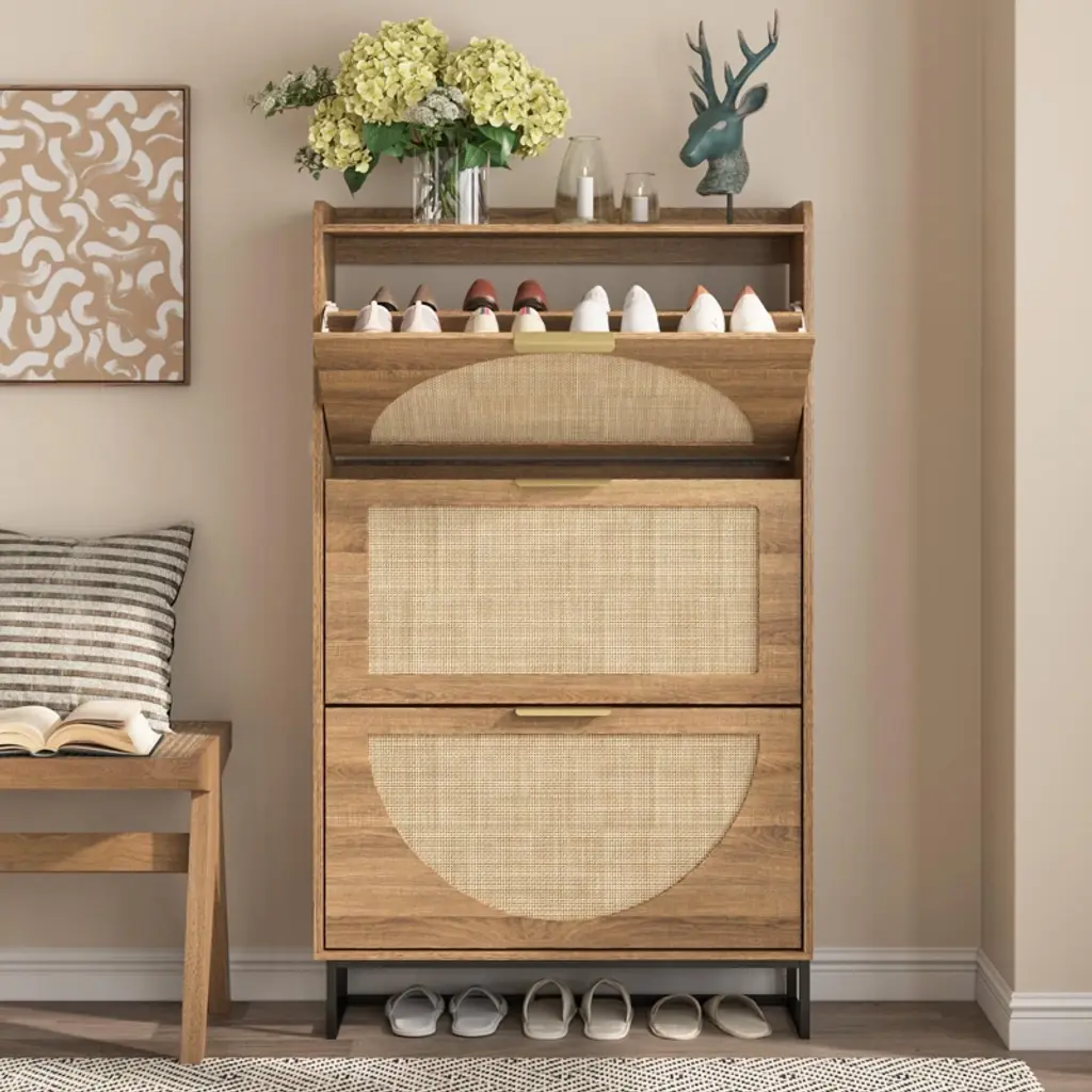 Large Rattan Shoe Storage Cabinet With 4 Flip Drawers