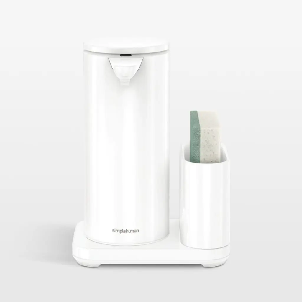 Simplehuman 14oz Sensor Pump, Touch-Free Hand Soap Dispenser With Sponge Caddy, White Steel