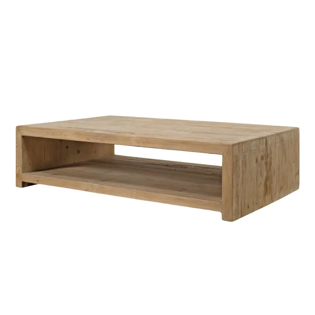Jordana Coffee Table With Shelf, Natural Reclaimed Pinewood