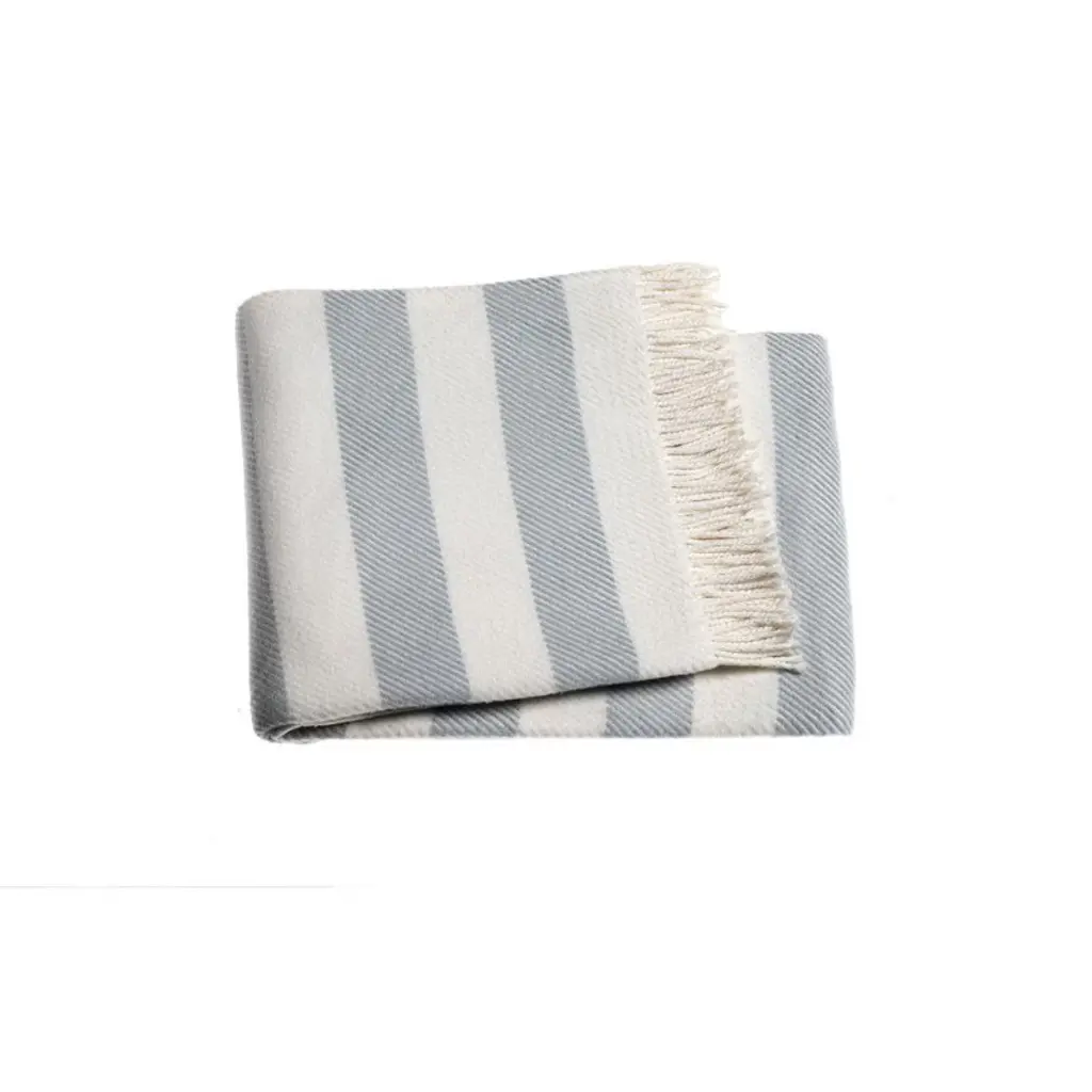 Homeroots Cream And Sky Blue Slanted Stripe Fringed Throw Blanket