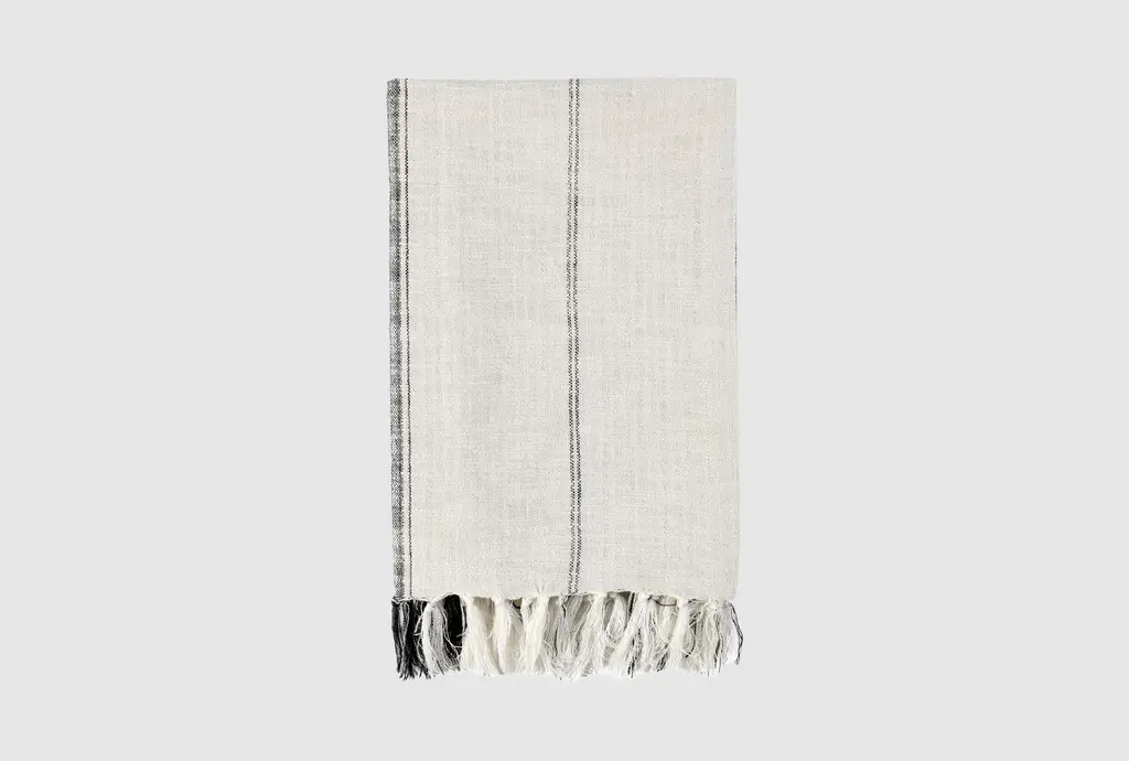 50x70 Ivory + Gray Cotton Woven Stripe Oversized Fringed Throw