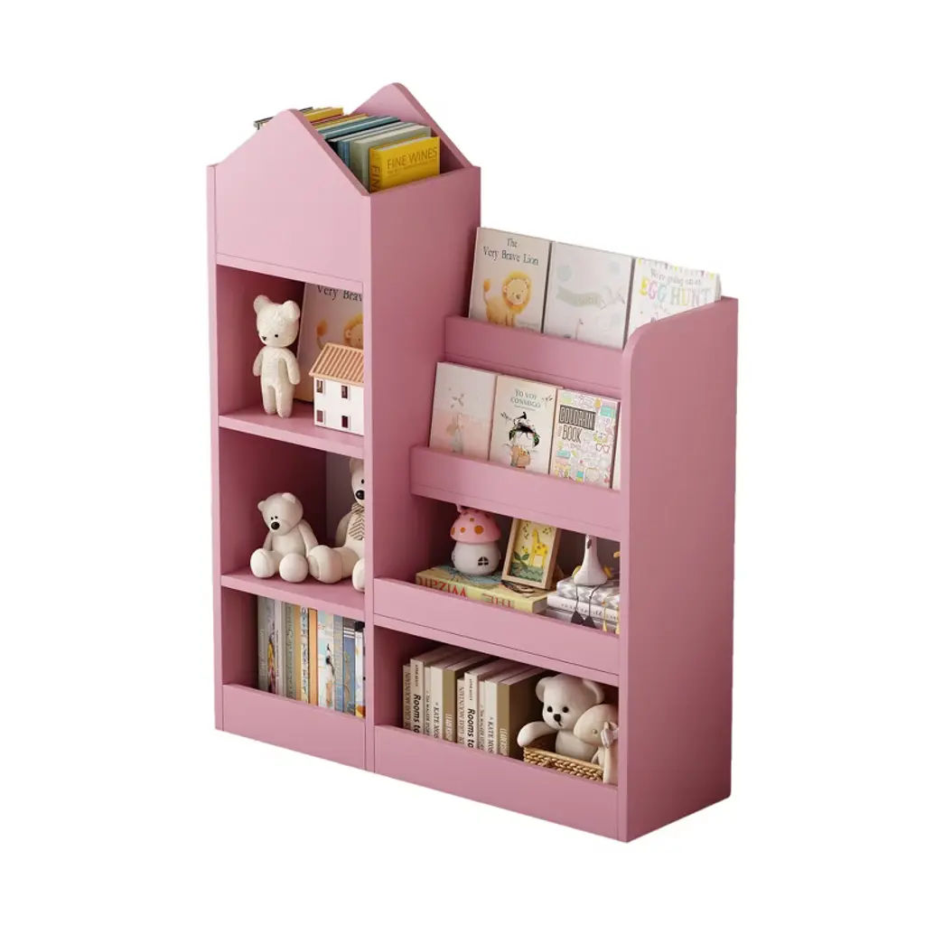 Fontoi Decorative Bookshelf, Bookcase With 6 Compartments 2 Baskets, Fabric Storage Organizer For Kids' Rooms Nursery, Pink, 11.82"*39.37"*31.5"