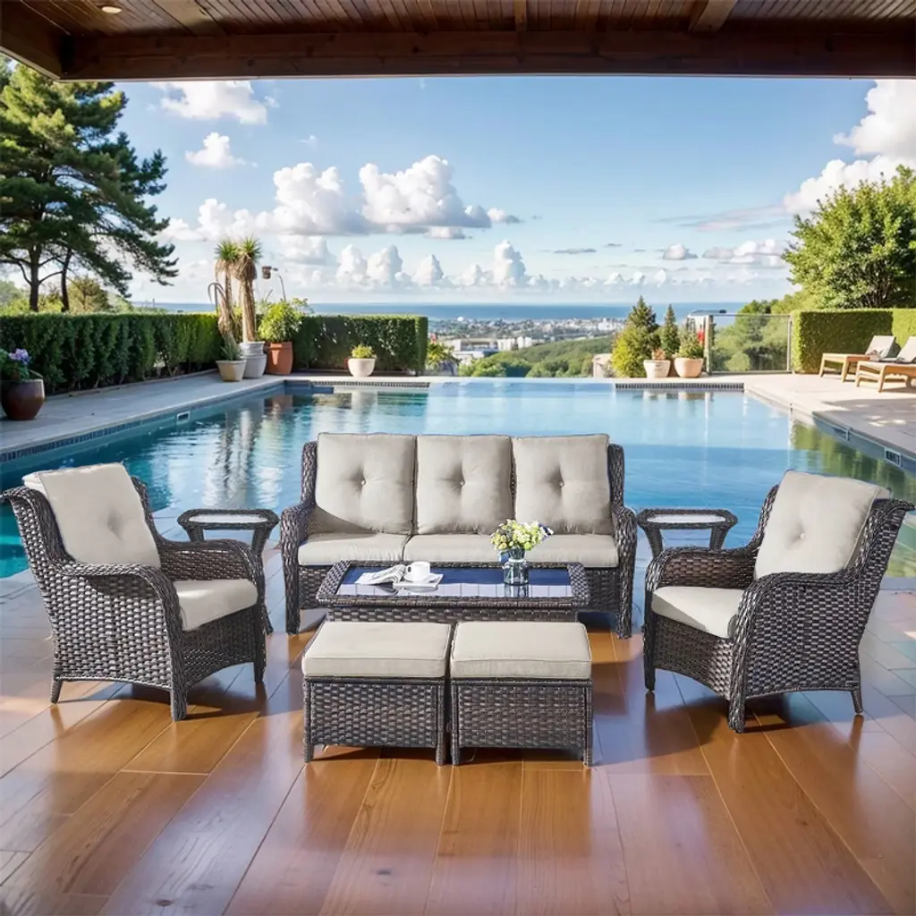 Pocassy 8 Piece Rattan Outdoor Conversation Furniture Set Wicker Sofa Seating Group With Cushions For Backyord, Garden, Pool