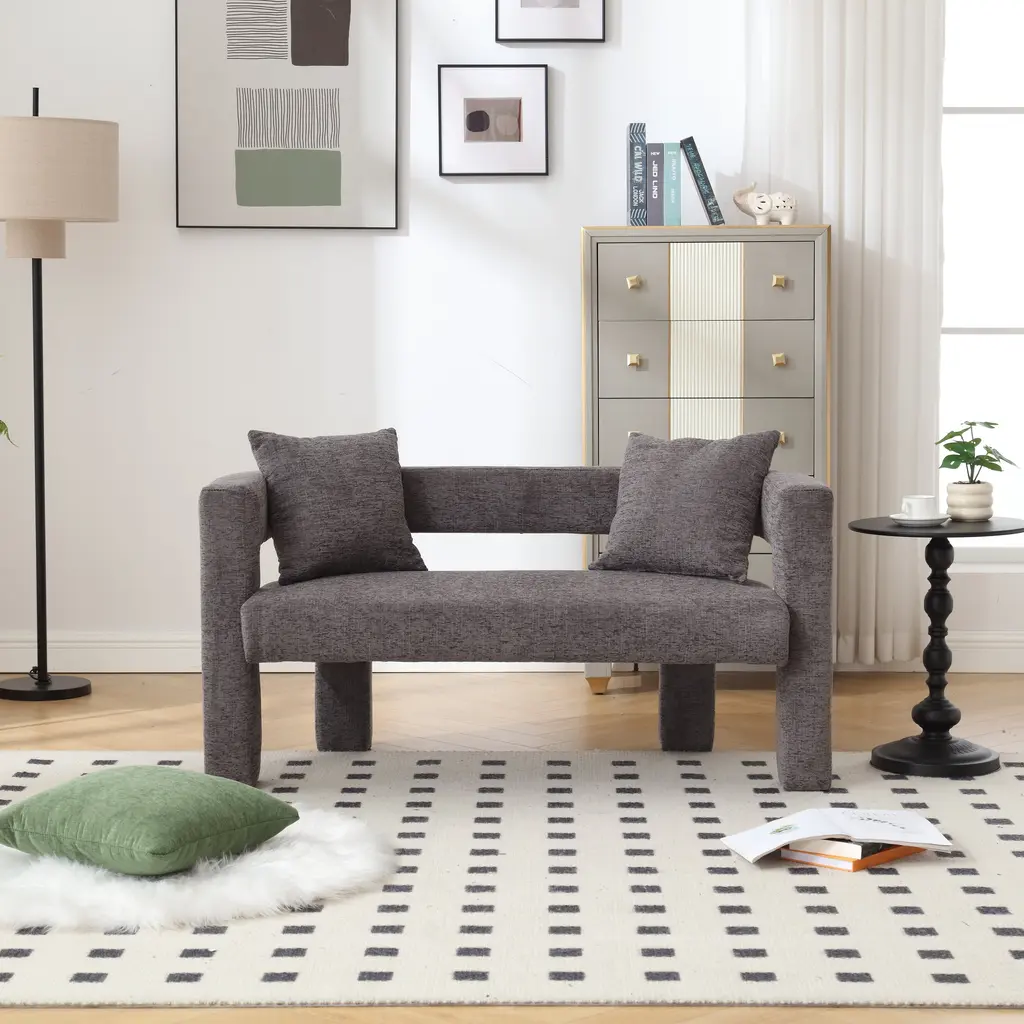 Modern Chenille Double Sofa, Comfortable Cushioned Small Sofa, Suitable For Living Room Bedroom, Leisure - Grey