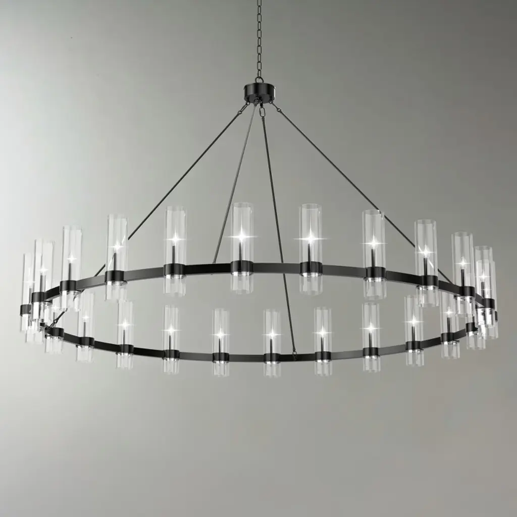 Baoure 24-light Black Wagon Wheel Chandelier With Glass Shade, 59-inch Round Farmhouse Pendant Light Fixture For Dining Rooms, Foyers & Entryways