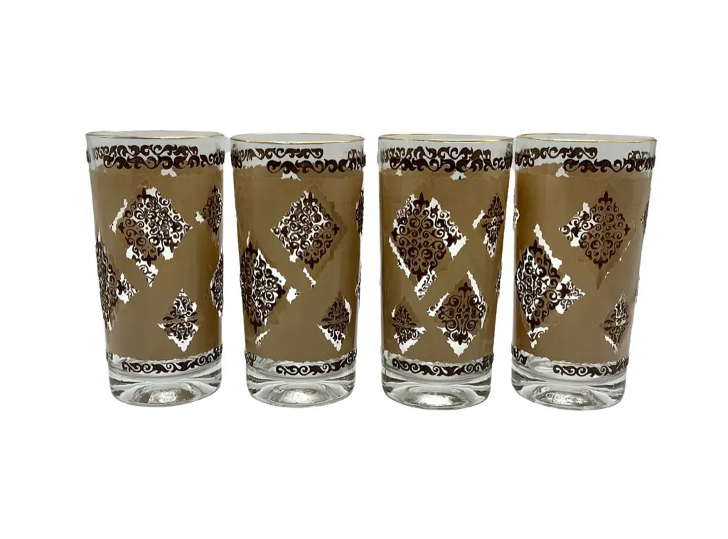 C. 1950s Gold Filigree High Ball Glasses