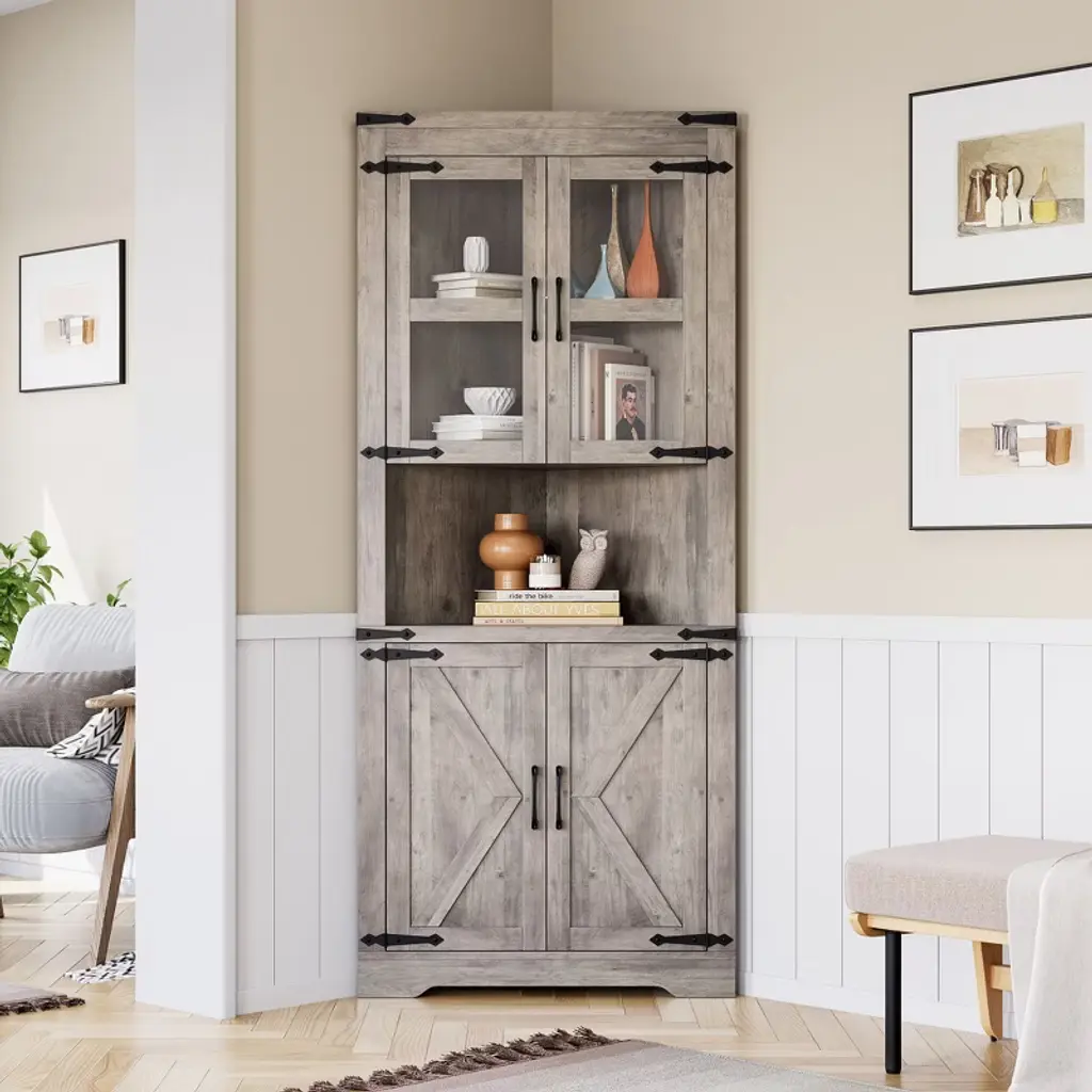 Tall Corner Cabinet With Glass & Barn Doors, Farmhouse Pantry Hutch With Adjustable Shelves,gray