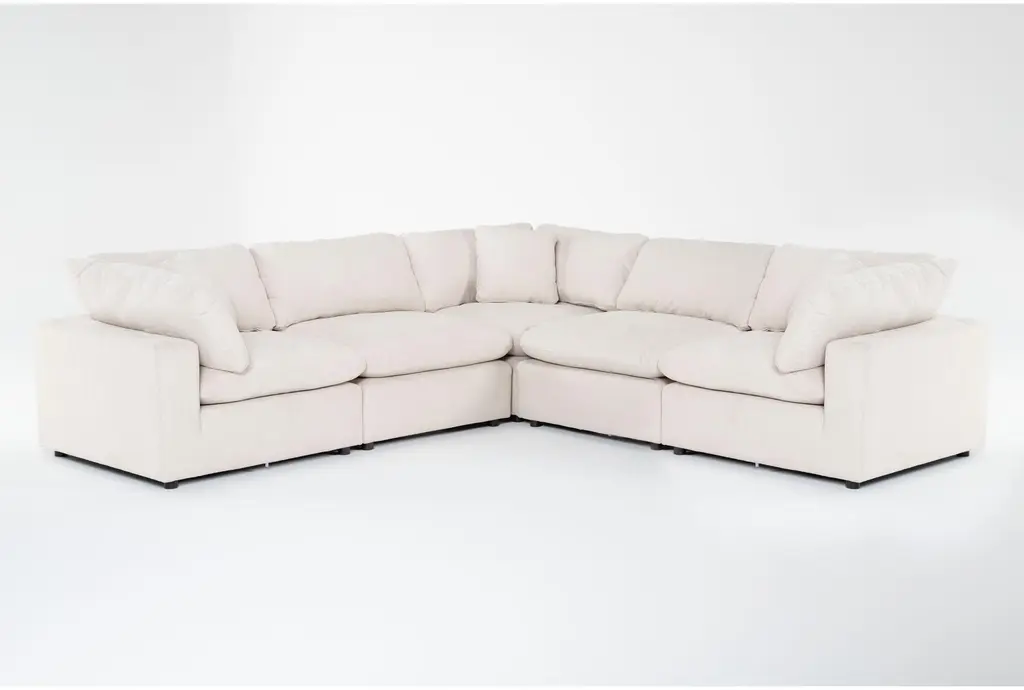 Zone Cream White Fabric 124" 5 Piece Modular L-Shaped Sectional With 3 Corners 2 Armless Chairs | Reversible