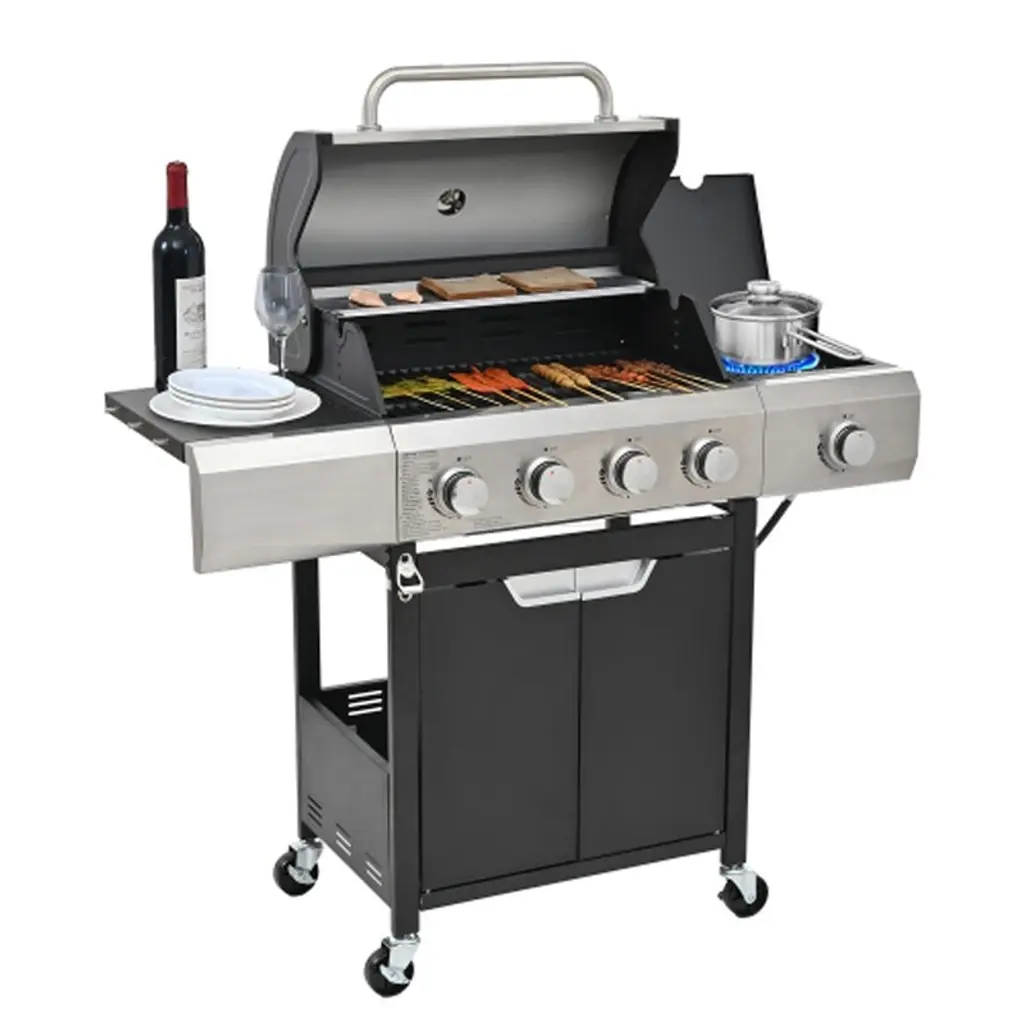 4-Burner Stainless Steel Propane Grill – Side Burner, 51k Btu, Outdoor/camping/backyard Barbecue – Black/silver - Propane Gas
