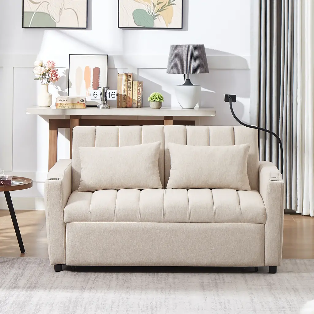 Living Room Accent Sofa Loveseat Fabric Sofa With Three Usb Ports And Two Cup Holder Sofa Bed Sleep Sofa - Beige