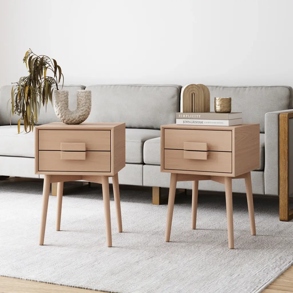 Mid-Century Wood Handle Nightstand Raw Oak (Set Of 2)