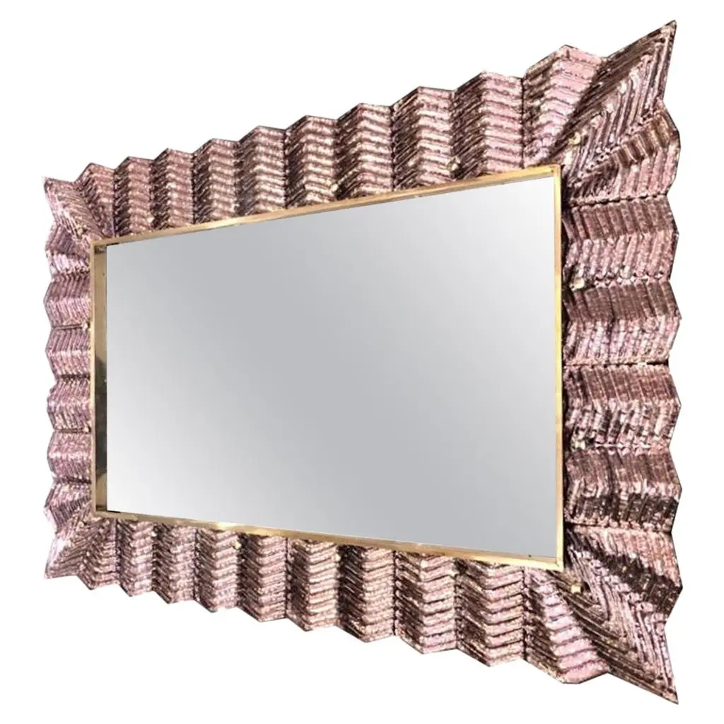 Bespoke Italian Art Deco Design Ruffled Silver Pink Murano Glass Brass Mirror