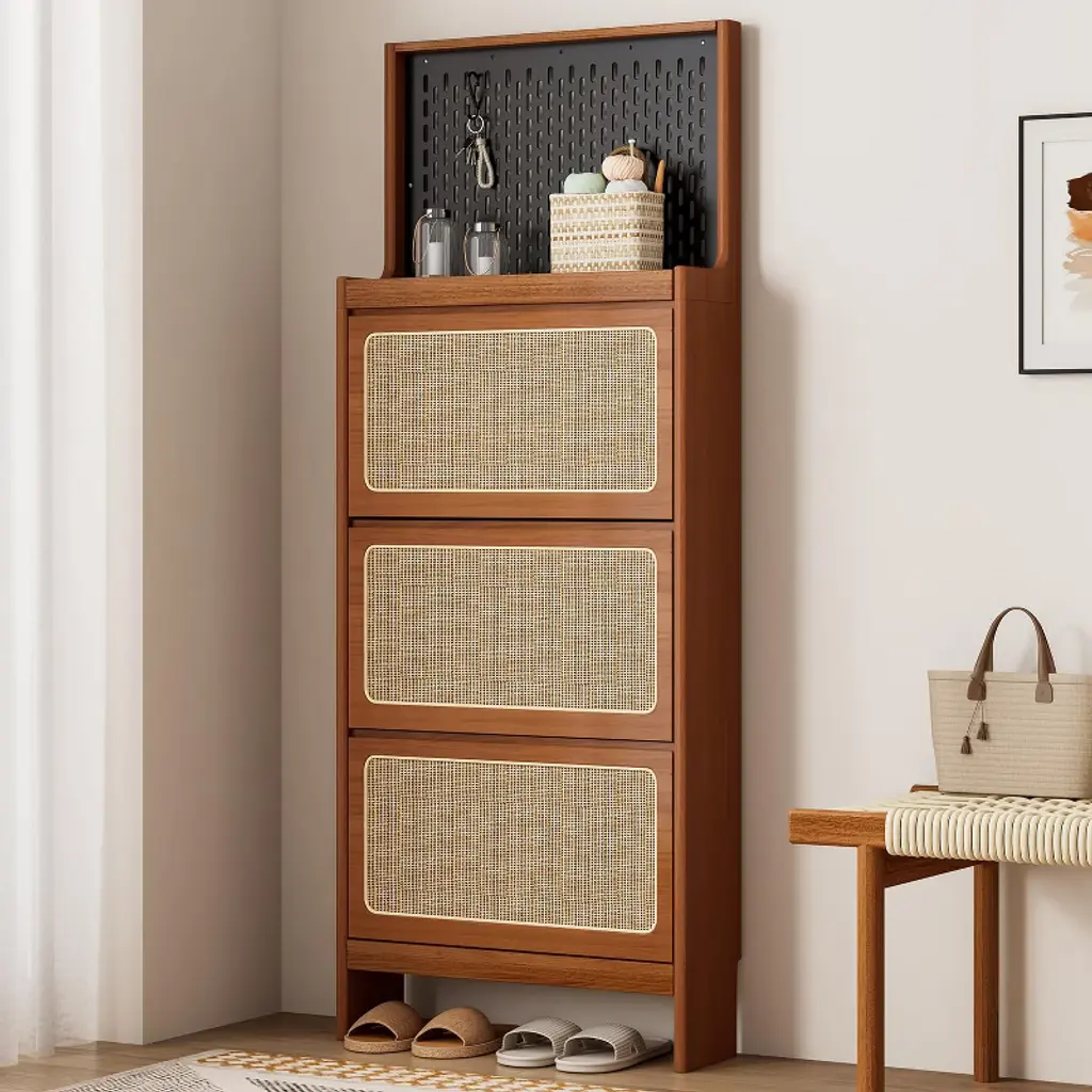 Angel Sar Rattan Shoe Cabinet Storage For Entryway With 3 Flip Drawer, Hidden Shoe Storage Cabinet, Brown