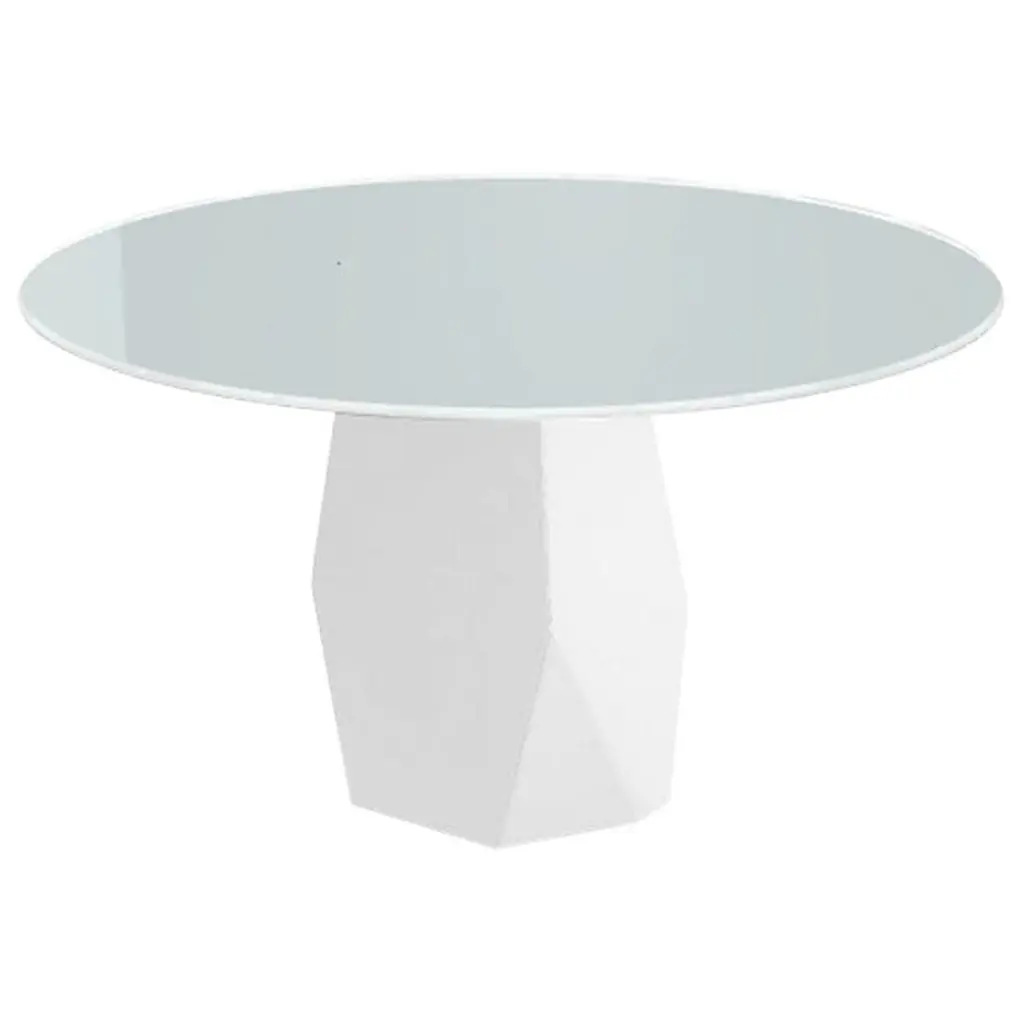 Menhir, Dining Table With Round White Glass Top On Metal Base, Made In Italy