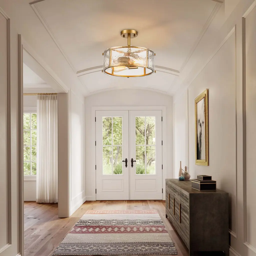 Starsky 2-Light 13in. Modern Caged Drum Semi Flush Mount With Textured Glass Shade - Soft Gold