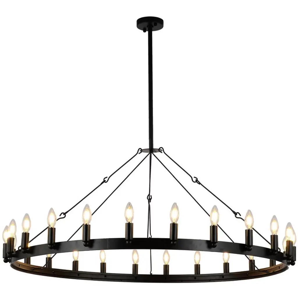 Dewdrop Farmhouse 48" Black 24-light Wagon Wheel Round Wrought Iron Chandelier