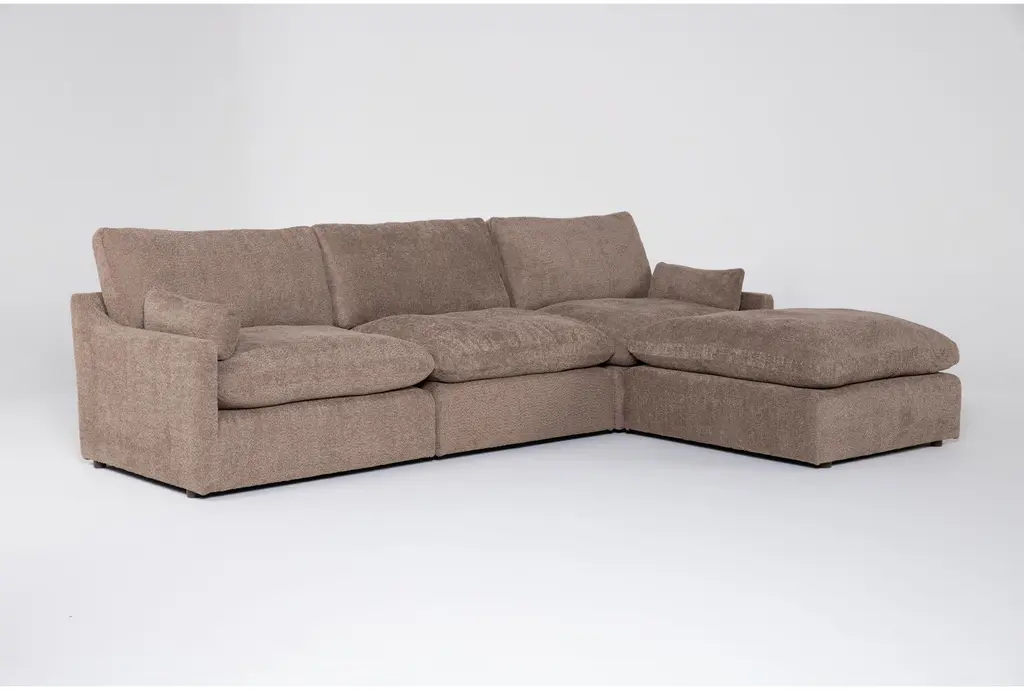 Aaliyah Mink Brown Boucle Fabric Modular 3 Piece Sofa With Ottoman | Reversible | Loose Reversible Back