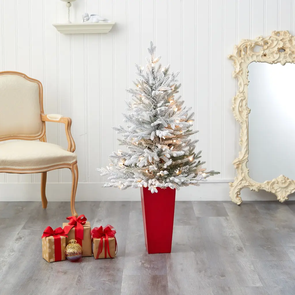 4' Flocked Artificial Christmas Tree With 200 Lights In Red Planter - 4 Foot - Green