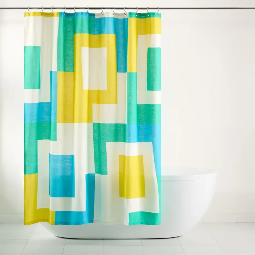 Town & Country Play Lucy Mid Century Squares Cotton-rich Breathable Fabric Shower Curtain With Anti-rust Grommets, White/yellow/green, 70"x72"