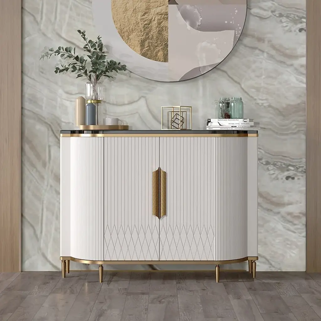 White Luxury 2-Door Sideboard Buffet Sintered Stone Top Modern Sideboard Cabinet In Gold