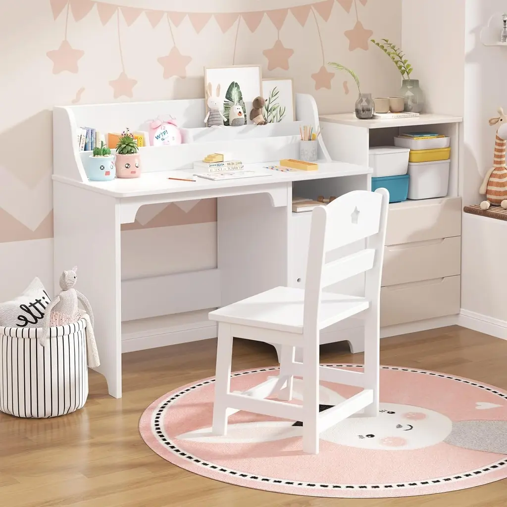 Gimmyfive Kids Desk And Chair Set,study Desk For Kids With Hutch - White