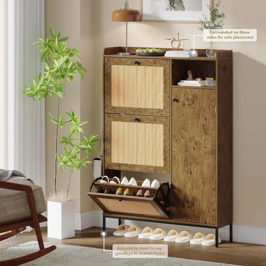 Rattan Shoe Cabinet With Flip Drawers, 3 Tier Narrow Free-standing Entryway Storage Organizer
