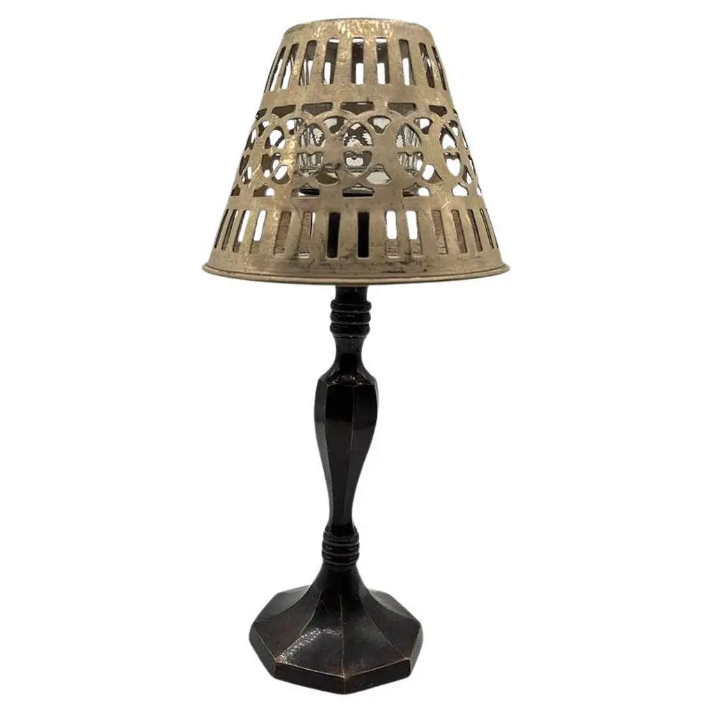 Hand Cast Bronze Candle Holder W/ Reticulated Pierced Silver-Plated Lamp Shade