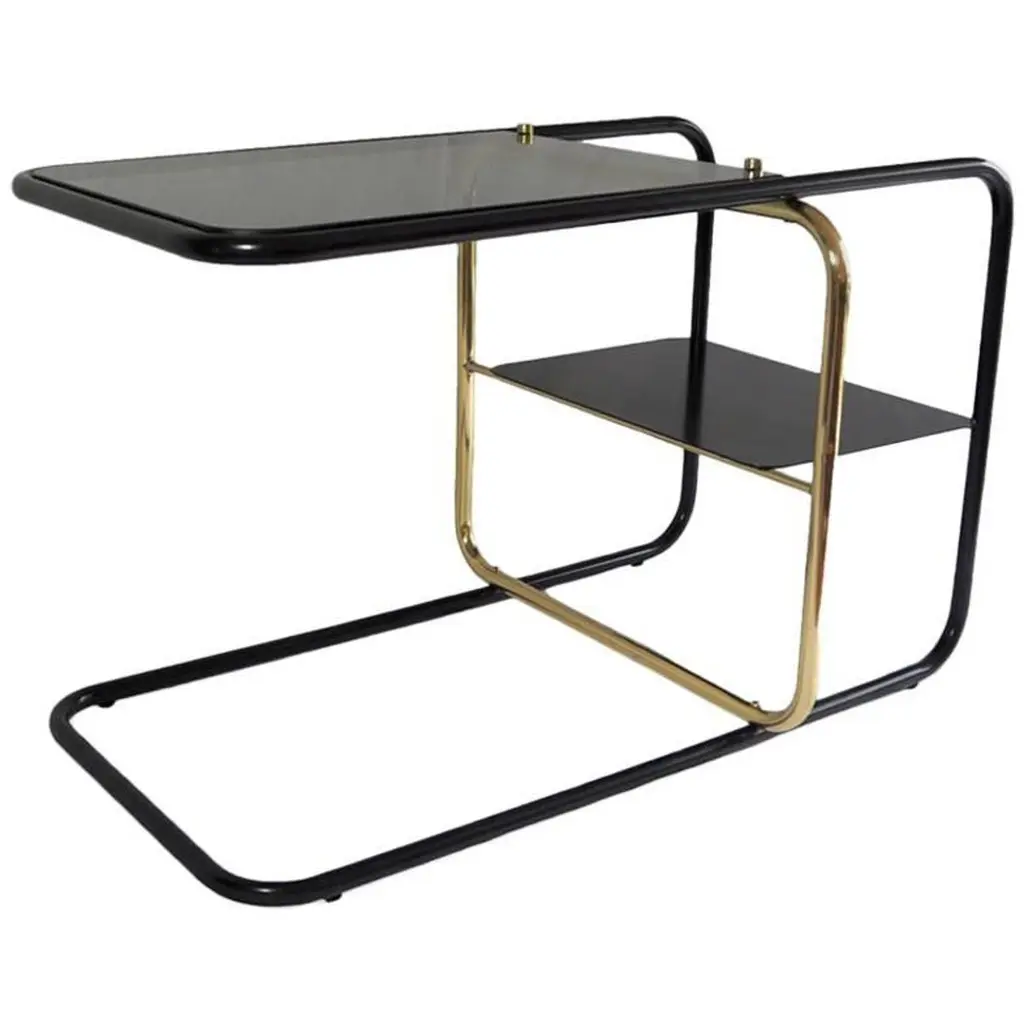 Lateral Side Table, Brass, Iron And Smoked Glass / Nomade Atelier Design