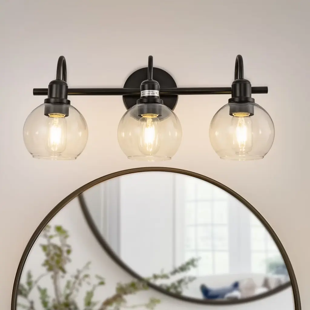 Doresshop Black Metal Bathroom Vanity Light, 3-light Wall Sconce With Clear Round Glass Shade, E26  No Bulbs Included, For Bathroom, Bedroom