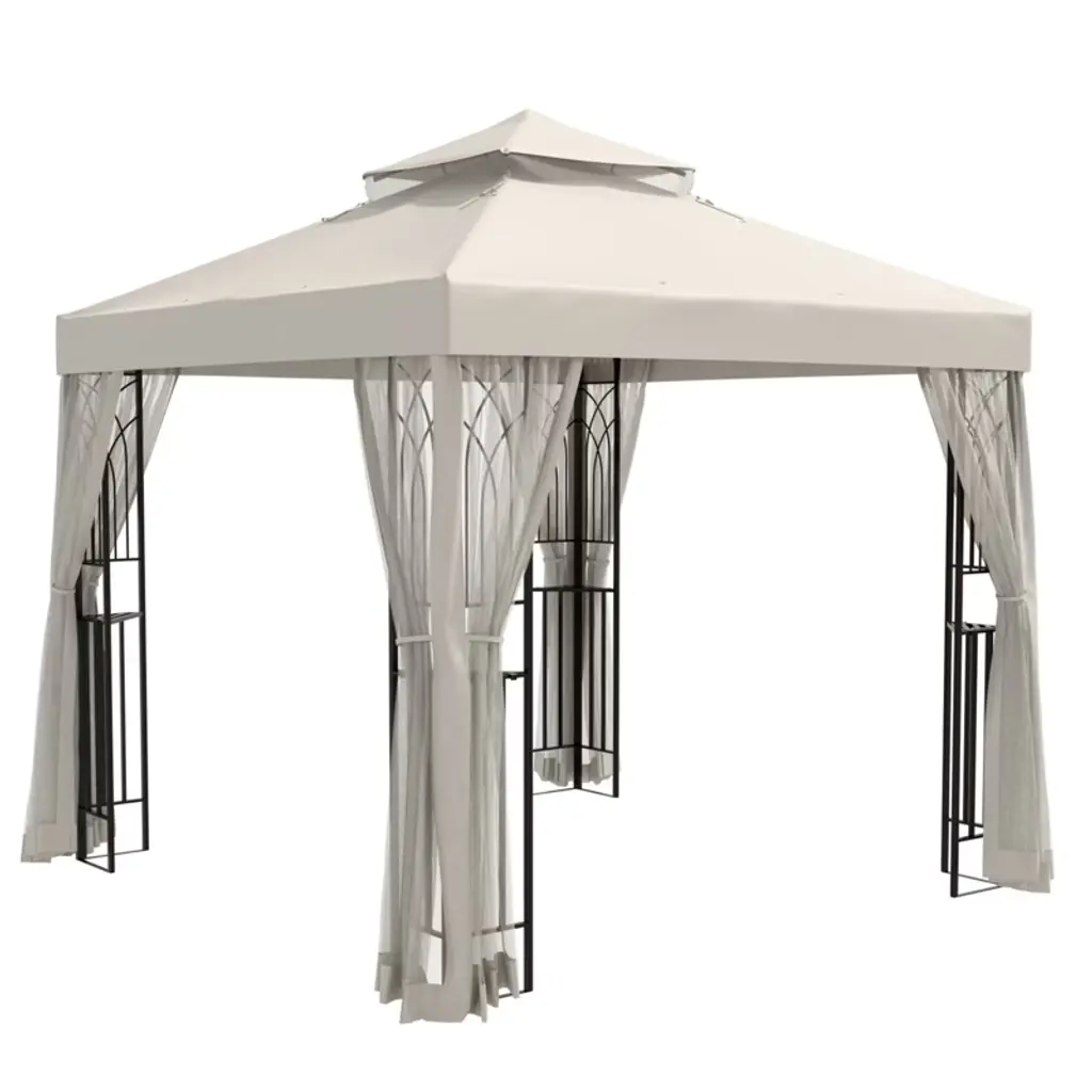 Eagle Peak 8'x8'double Roof Outdoor Patio Gazebo With Mesh Netting, Beige