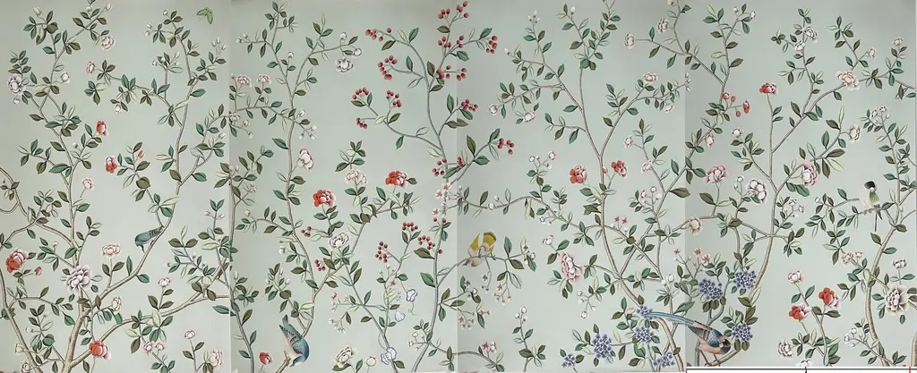 Chinoiserie Hand Painted Wallpaper Murals On Blue Silk Panel - 4 Panels