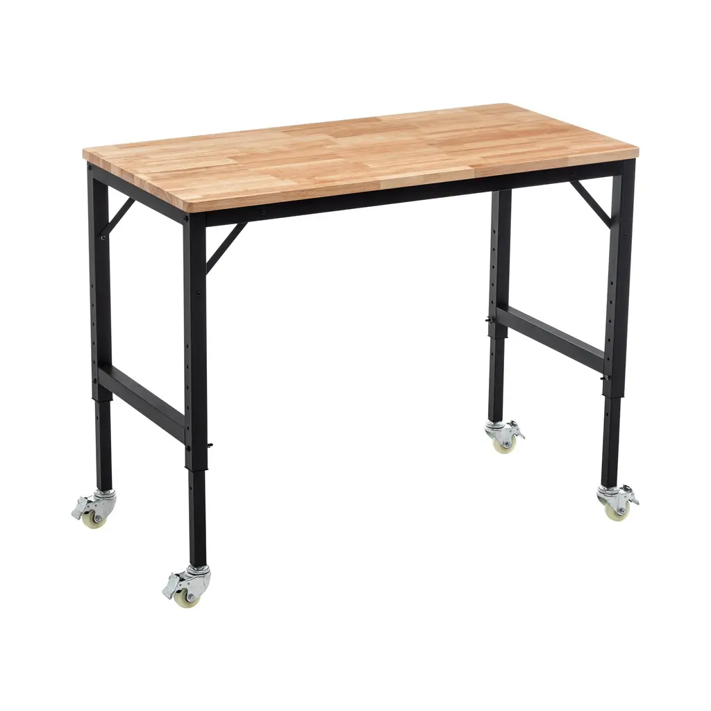 48" Heavy-Duty Adjustable Workbench, Shop Table W/metal Wheels, Hardwood Workstation Weight Capacity Over 2000 Lbs With Wheels - Black+wood