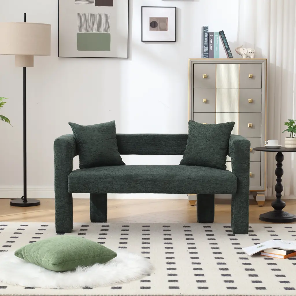 Modern Chenille Double Sofa, Comfortable Cushioned Small Sofa, Suitable For Living Room Bedroom, Leisure - Green