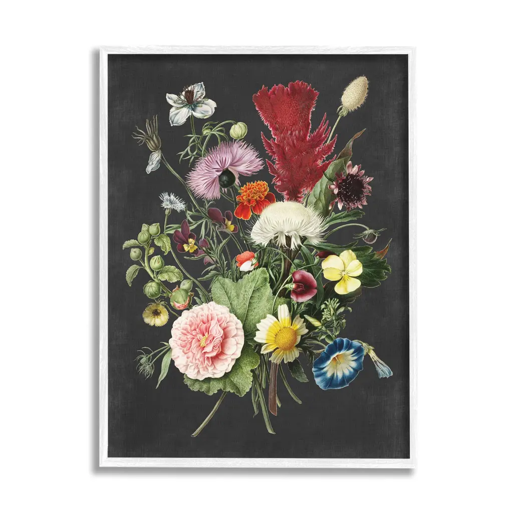 Stupell Botanical Drawing Flower Bouquet On Black Design Framed Wall Art, Design By Artist Lettered And Lined - Multi-Color - 24 X 30 - White