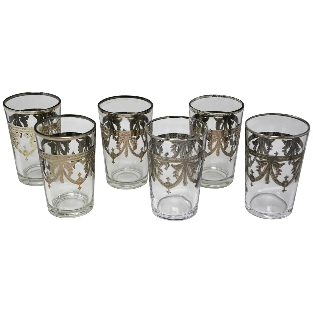 Moroccan Clear And Silver Overlay Shot Glasses Set Of 6