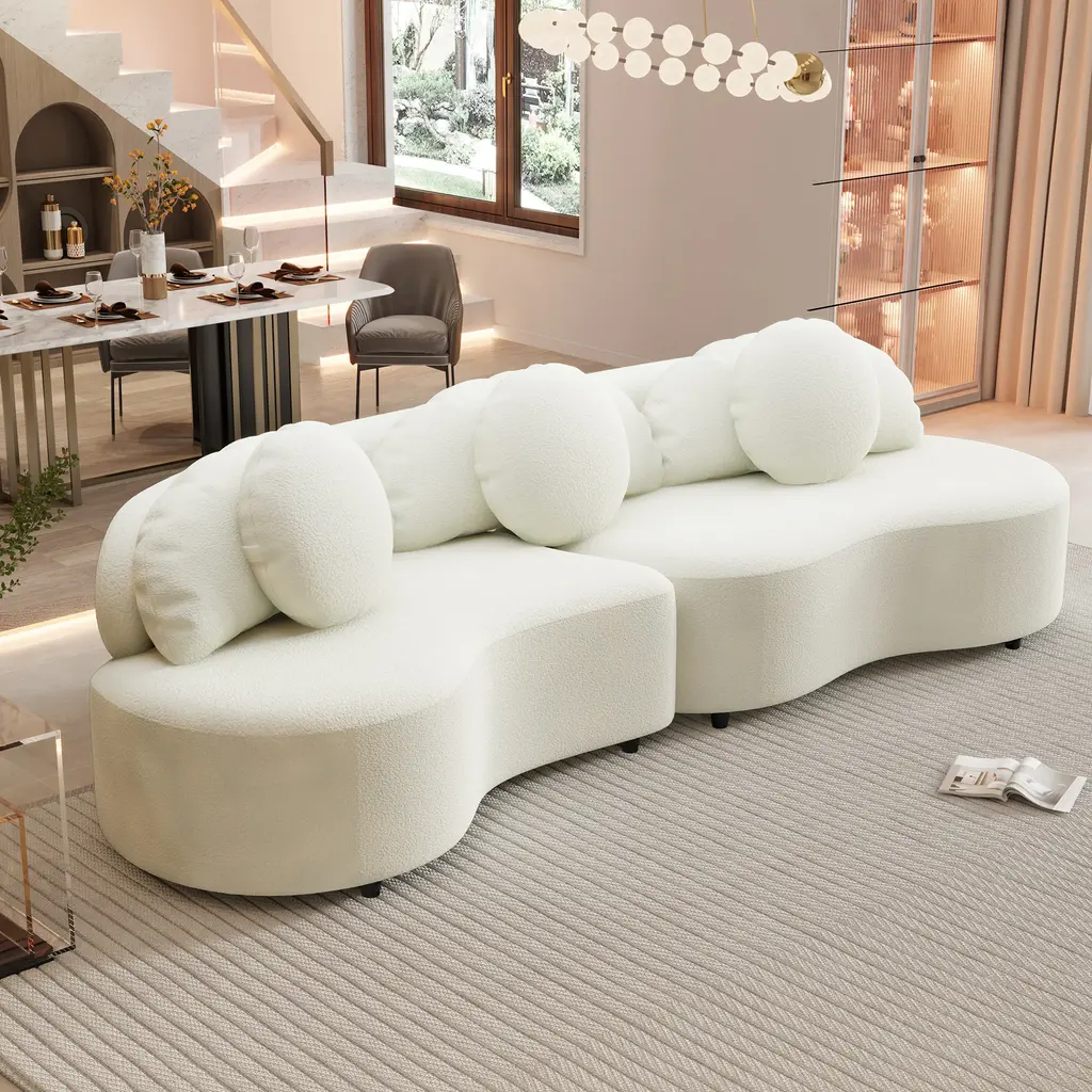 Modern Living Room Curved Sofa Velvet Upholstered Deep Seat Sofa With 3 Cushions And 3 Round Pillow Loveseat Sofa - Beige