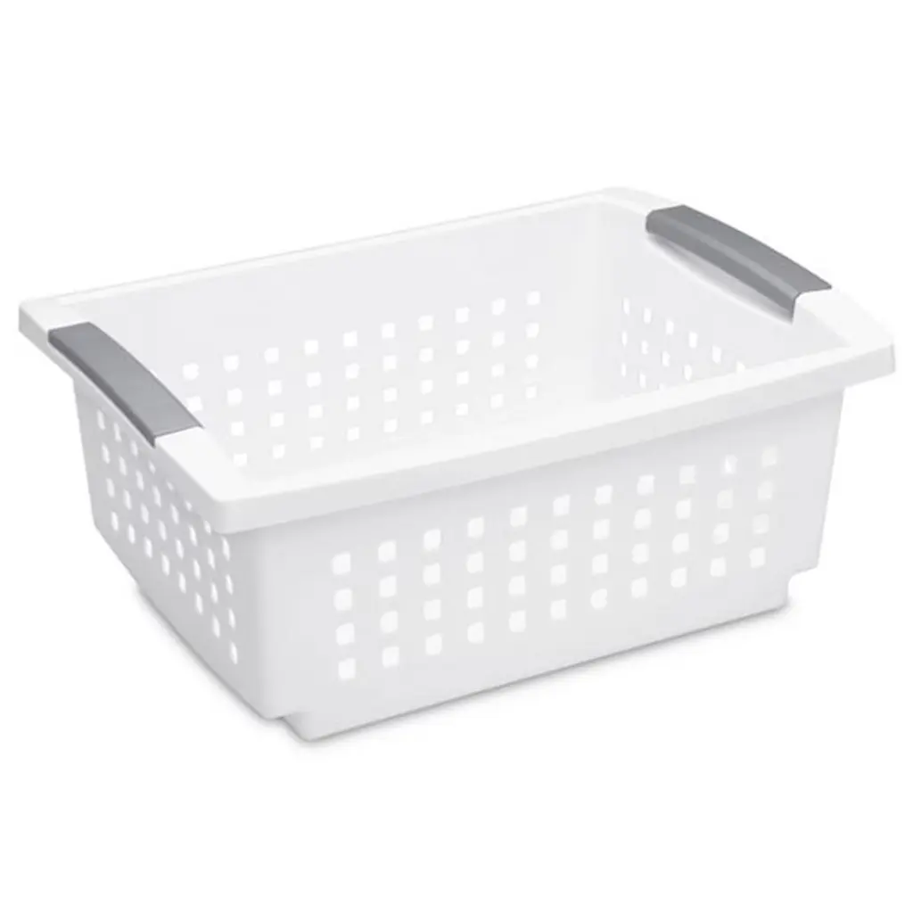 Sterilite Medium Sized Stackable Storage Bin And Organization Basket With Flip Down Accent Rails For Home And Household Organization, White (30 Pack)