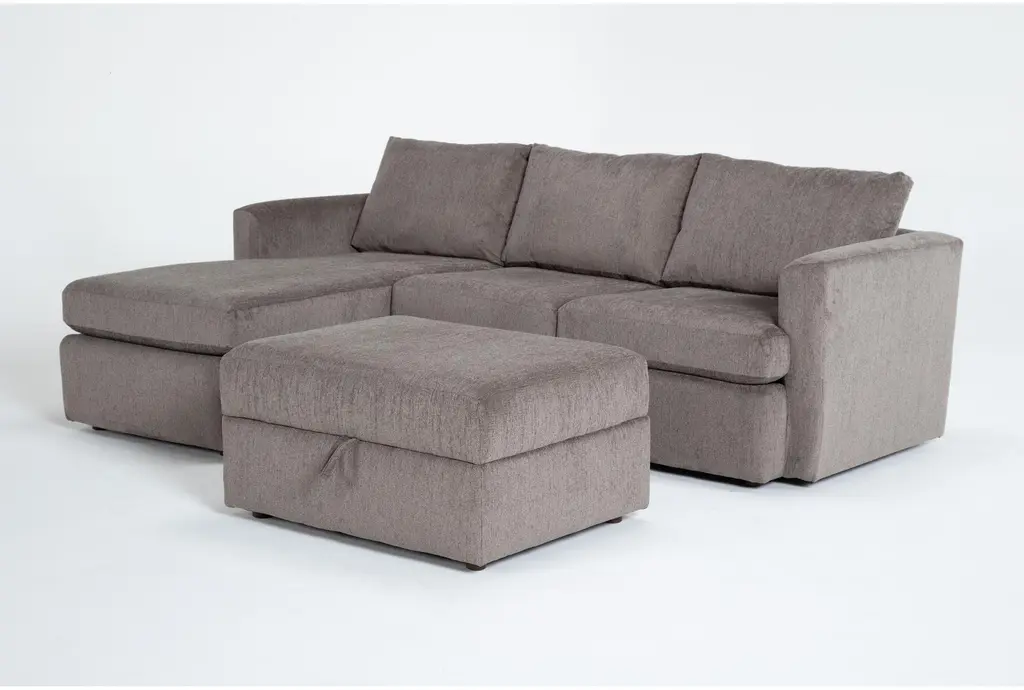 Basil Grey Brown Fabric Modular 93" 2 Piece Sectional With Left Arm Facing Chaise & Ottoman | Loose Reversible Back
